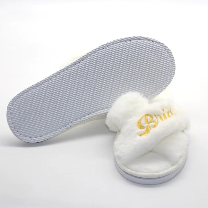 Bridal Shower and Bachelorette Party Open Toe Plush Slippers - Elegant Indoor Decor and Bridesmaid Gift Set