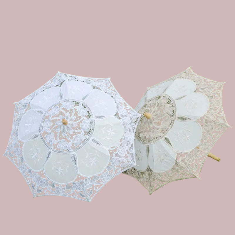 Vintage Lace Parasol Umbrella for Weddings and Photography - White and Beige Sunshade