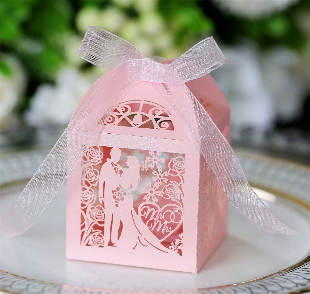 50-Piece Set of Laser-Cut Bride and Groom Wedding Favor Boxes for Sweets and Treats - Elegant Paper Packaging for Baby Showers and Special Events