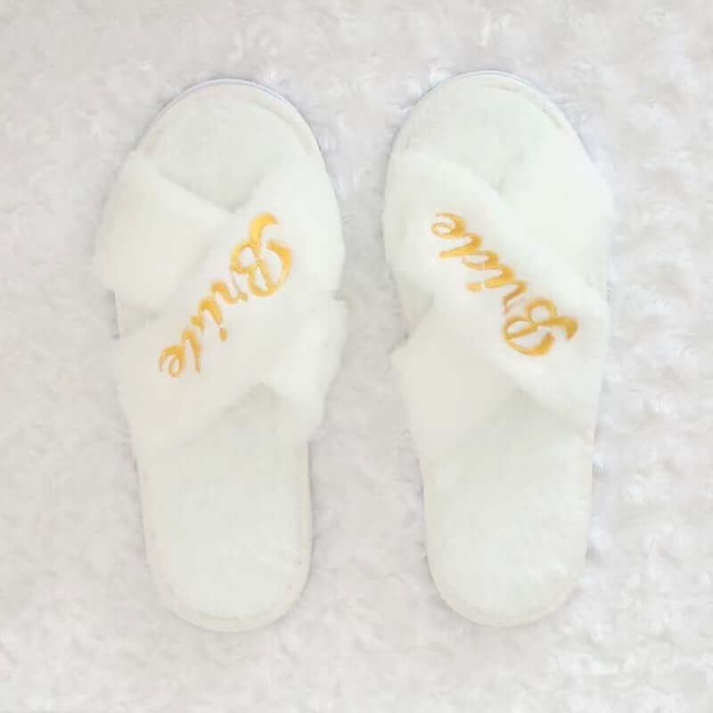 Bridal Shower and Bachelorette Party Open Toe Plush Slippers - Elegant Indoor Decor and Bridesmaid Gift Set
