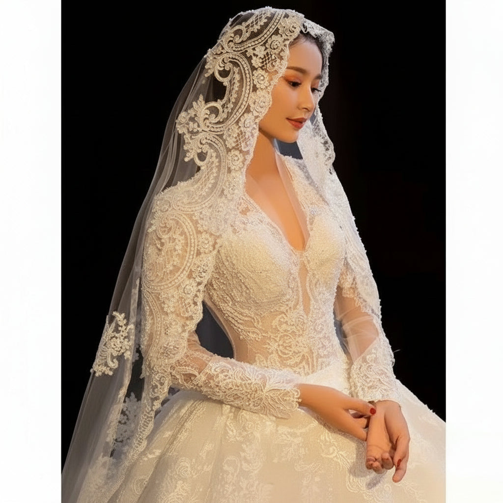 5M, 4M, and 3M Long Wedding Bridal Veils with Lace Appliqué Edges - Tulle Cathedral Veil with Comb in Ivory White