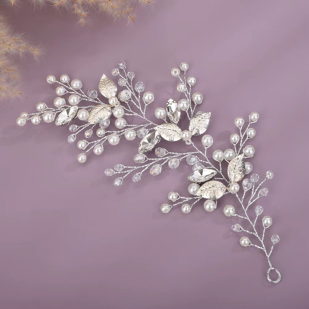 Silver Rhinestone Pearl Bridal Headband Women Handmade Crystal Wedding Hair Accessories Ornament Gold Leaf Party Bride Headpiece