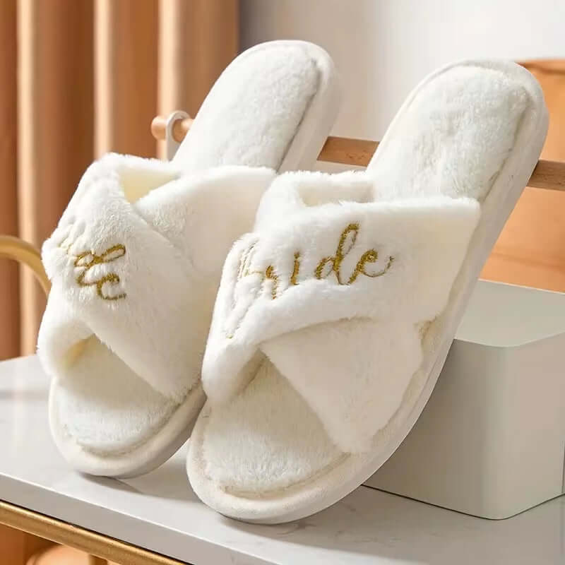 Bridal Shower and Bachelorette Party Open Toe Plush Slippers - Elegant Indoor Decor and Bridesmaid Gift Set