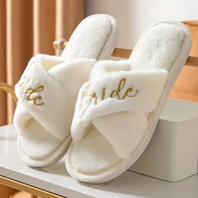 Bridal Shower and Bachelorette Party Open Toe Plush Slippers - Elegant Indoor Decor and Bridesmaid Gift Set