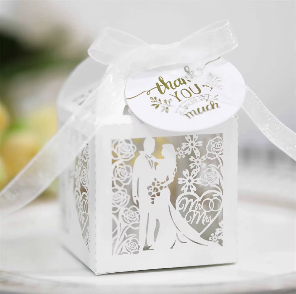 50-Piece Set of Laser-Cut Bride and Groom Wedding Favor Boxes for Sweets and Treats - Elegant Paper Packaging for Baby Showers and Special Events