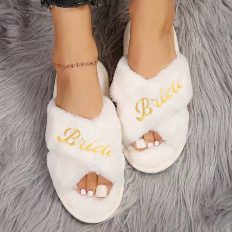 Bridal Shower and Bachelorette Party Open Toe Plush Slippers - Elegant Indoor Decor and Bridesmaid Gift Set