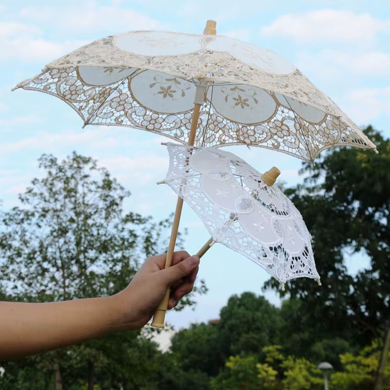 Vintage Lace Parasol Umbrella for Weddings and Photography - White and Beige Sunshade