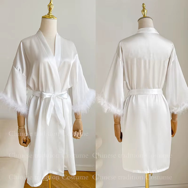 Elegant Satin Bridal Robe with Feather Accents for Women – Short Kimono Peignoir for Bridesmaids and Intimate Lingerie