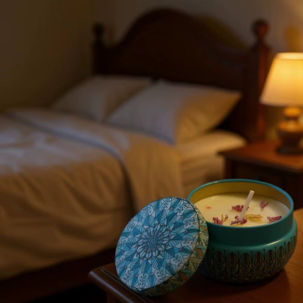 Natural Plant Wax Scented Candle with Essential Oils - Floral Aroma in Retro Decorative Tin for Home, Office, Bathroom, and Camping Gift