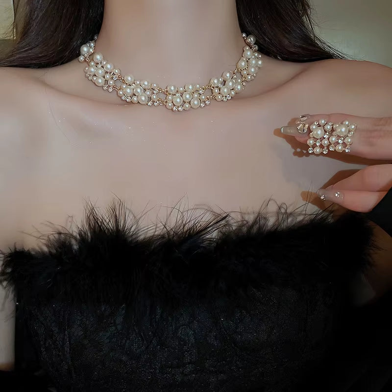 Rhinestone and Pearl Rectangular Earrings and Necklace Set - Vintage Choker Jewelry for Weddings - Light Luxury Accessory (3 Pieces)