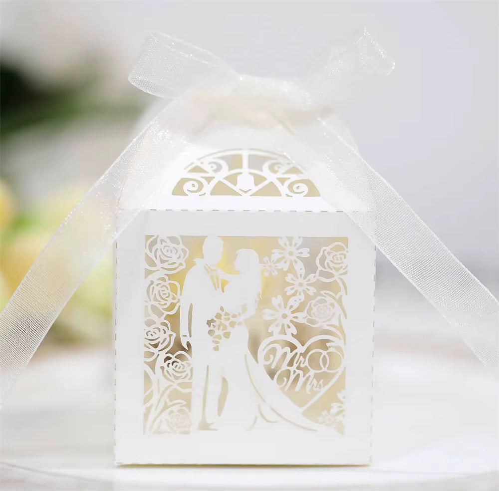 50-Piece Set of Laser-Cut Bride and Groom Wedding Favor Boxes for Sweets and Treats - Elegant Paper Packaging for Baby Showers and Special Events