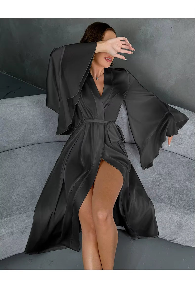 Lotus Leaf Satin Kimono Gown - Luxury White Intimate Lingerie for Brides and Elegant Sleepwear