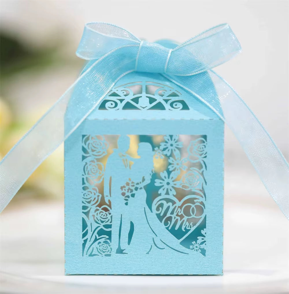 50-Piece Set of Laser-Cut Bride and Groom Wedding Favor Boxes for Sweets and Treats - Elegant Paper Packaging for Baby Showers and Special Events