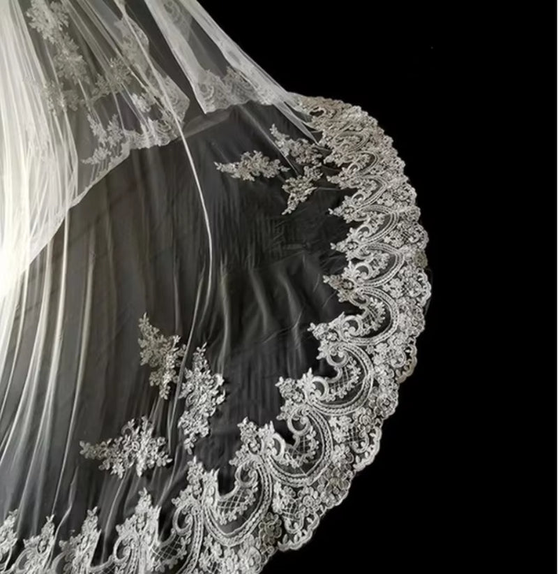 5M, 4M, and 3M Long Wedding Bridal Veils with Lace Appliqué Edges - Tulle Cathedral Veil with Comb in Ivory White