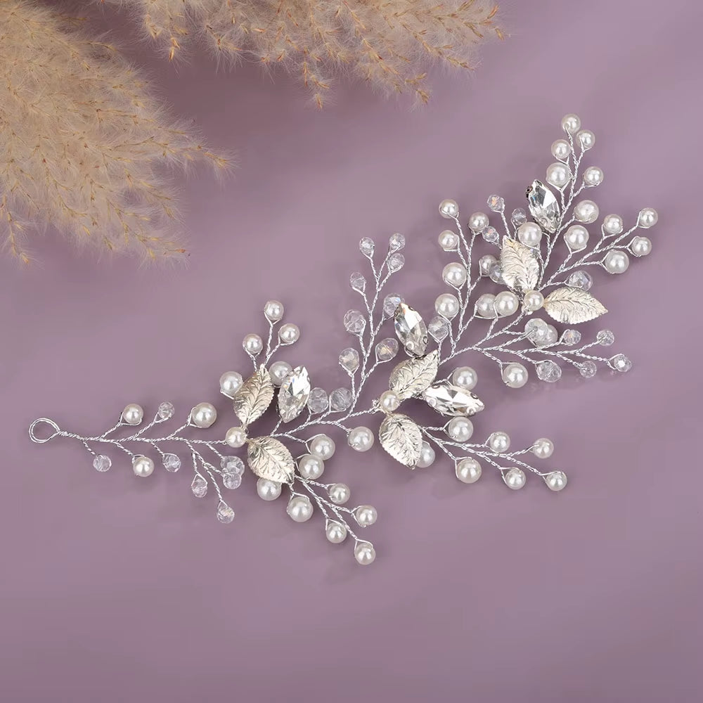 Silver Rhinestone Pearl Bridal Headband Women Handmade Crystal Wedding Hair Accessories Ornament Gold Leaf Party Bride Headpiece