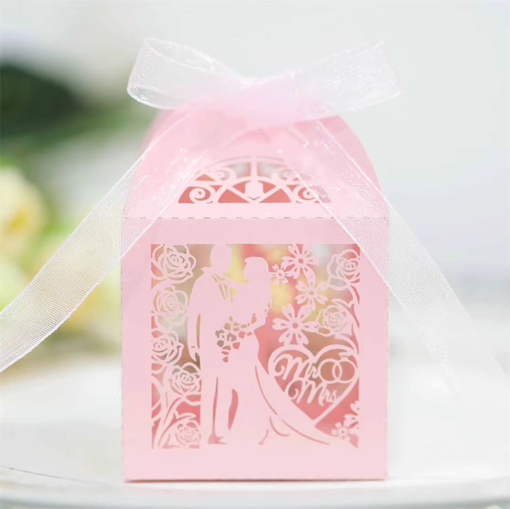 50-Piece Set of Laser-Cut Bride and Groom Wedding Favor Boxes for Sweets and Treats - Elegant Paper Packaging for Baby Showers and Special Events