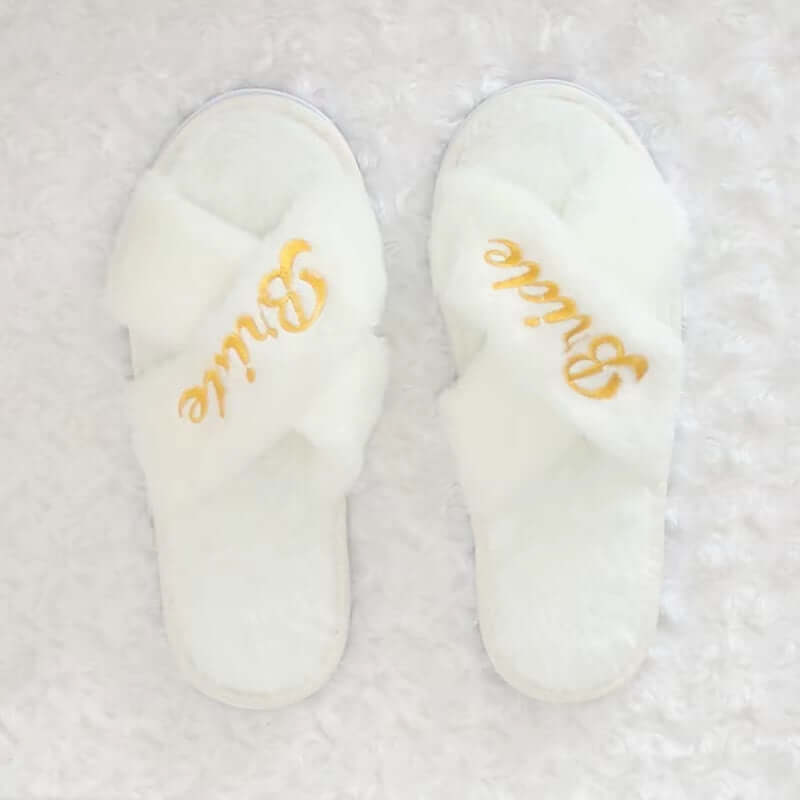 Bridal Shower and Bachelorette Party Open Toe Plush Slippers - Elegant Indoor Decor and Bridesmaid Gift Set