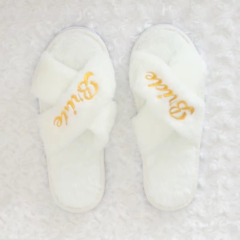 Bridal Shower and Bachelorette Party Open Toe Plush Slippers - Elegant Indoor Decor and Bridesmaid Gift Set