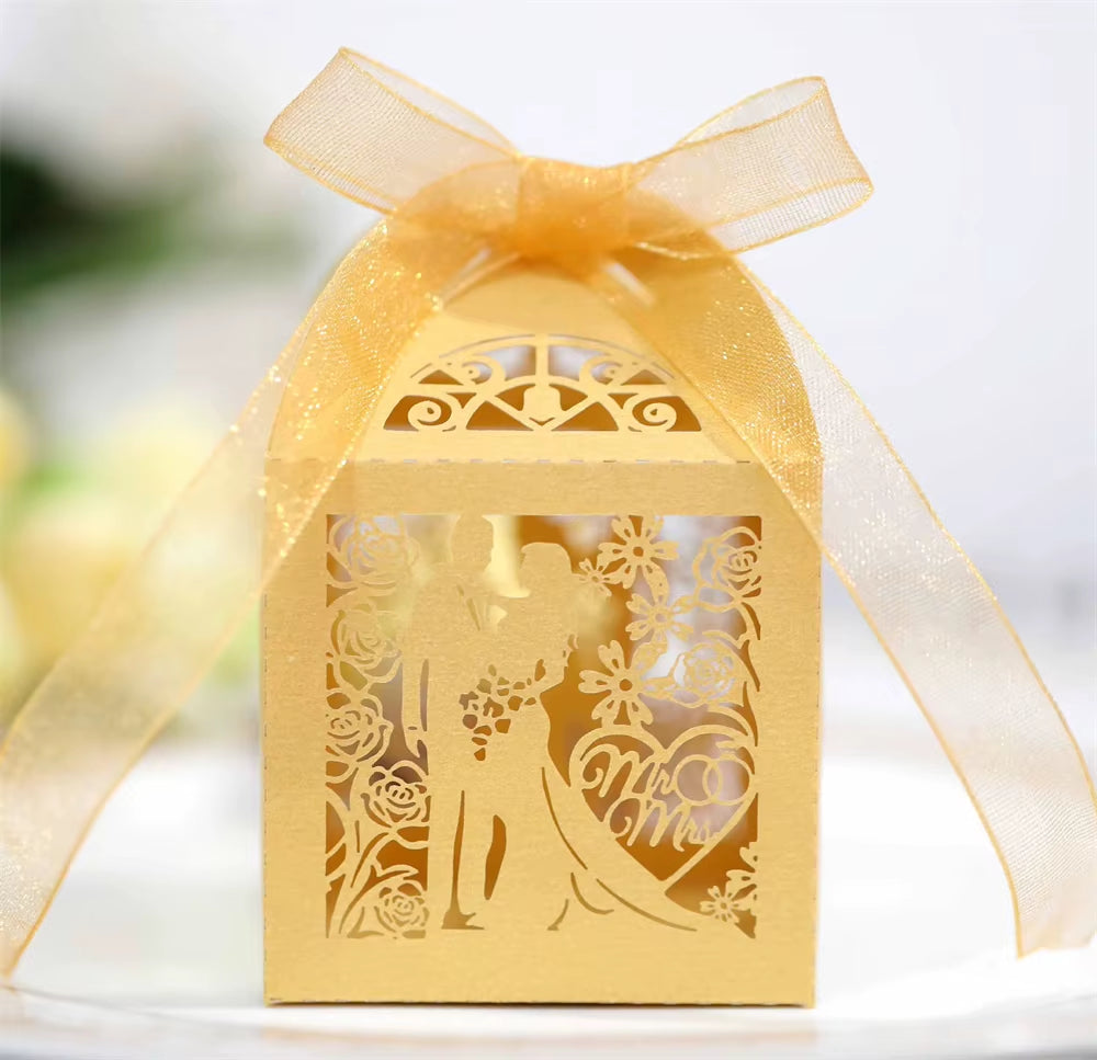 50-Piece Set of Laser-Cut Bride and Groom Wedding Favor Boxes for Sweets and Treats - Elegant Paper Packaging for Baby Showers and Special Events
