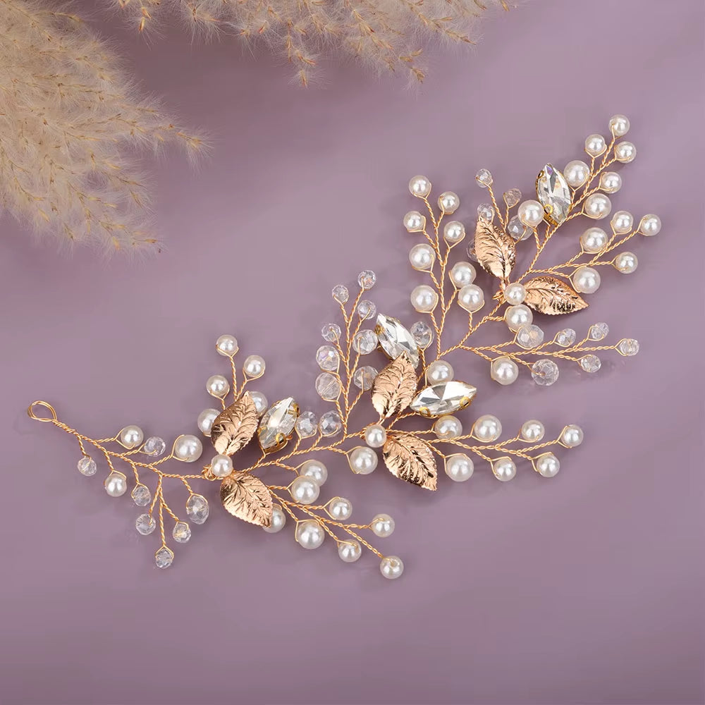 Silver Rhinestone Pearl Bridal Headband Women Handmade Crystal Wedding Hair Accessories Ornament Gold Leaf Party Bride Headpiece