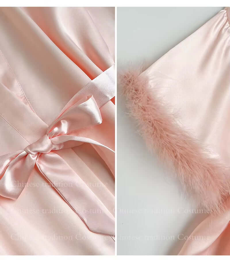 Elegant Satin Bridal Robe with Feather Accents for Women – Short Kimono Peignoir for Bridesmaids and Intimate Lingerie