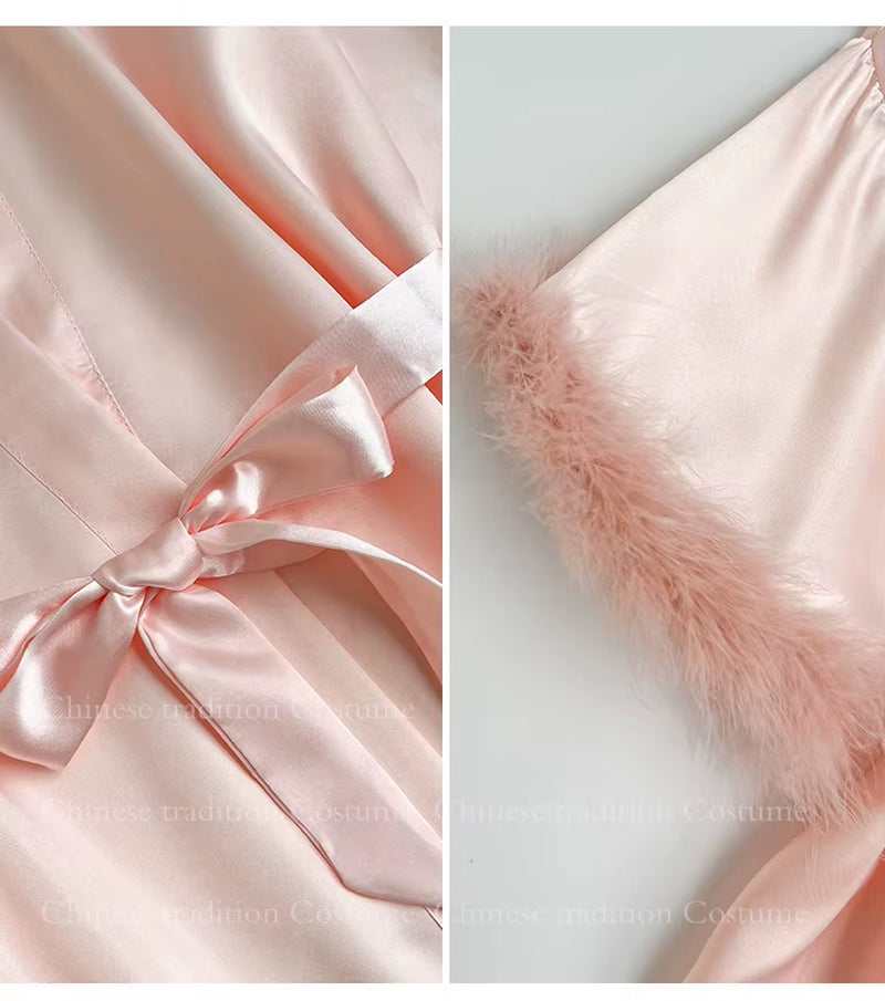 Elegant Satin Bridal Robe with Feather Accents for Women – Short Kimono Peignoir for Bridesmaids and Intimate Lingerie