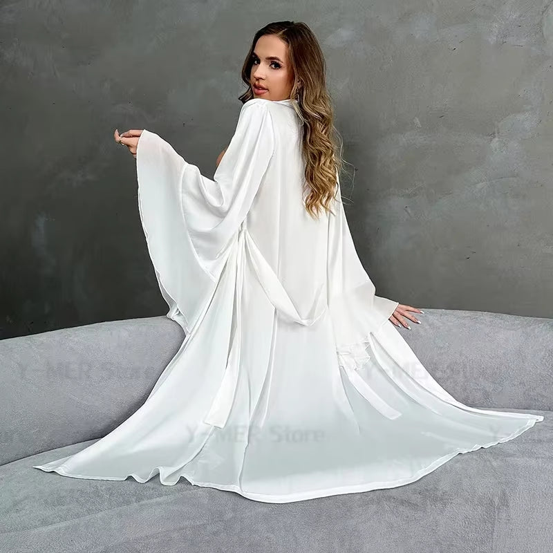Lotus Leaf Satin Kimono Gown - Luxury White Intimate Lingerie for Brides and Elegant Sleepwear