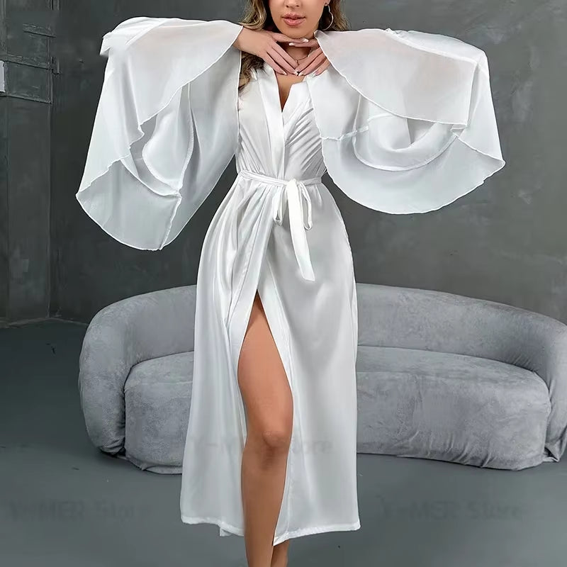 Lotus Leaf Satin Kimono Gown - Luxury White Intimate Lingerie for Brides and Elegant Sleepwear