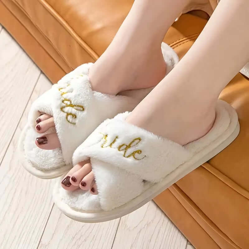 Bridal Shower and Bachelorette Party Open Toe Plush Slippers - Elegant Indoor Decor and Bridesmaid Gift Set
