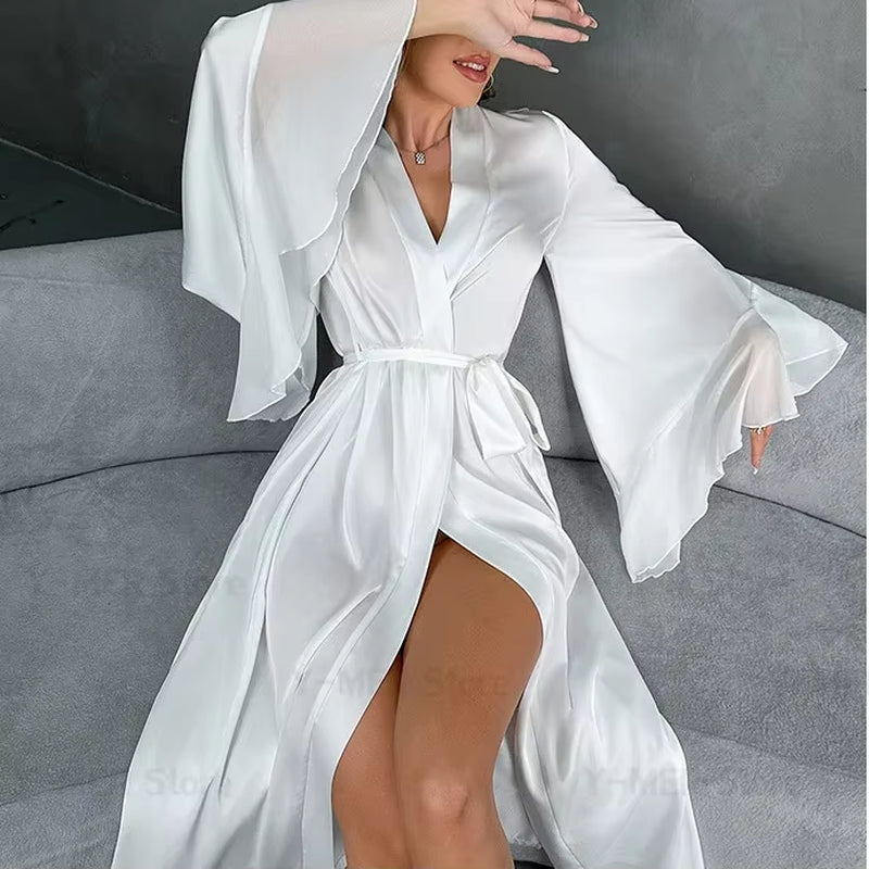 Lotus Leaf Satin Kimono Gown - Luxury White Intimate Lingerie for Brides and Elegant Sleepwear