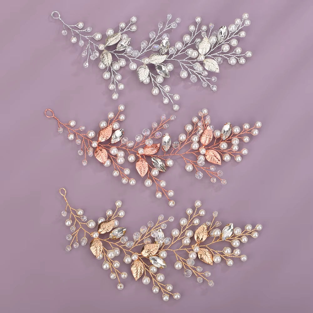 Silver Rhinestone Pearl Bridal Headband Women Handmade Crystal Wedding Hair Accessories Ornament Gold Leaf Party Bride Headpiece