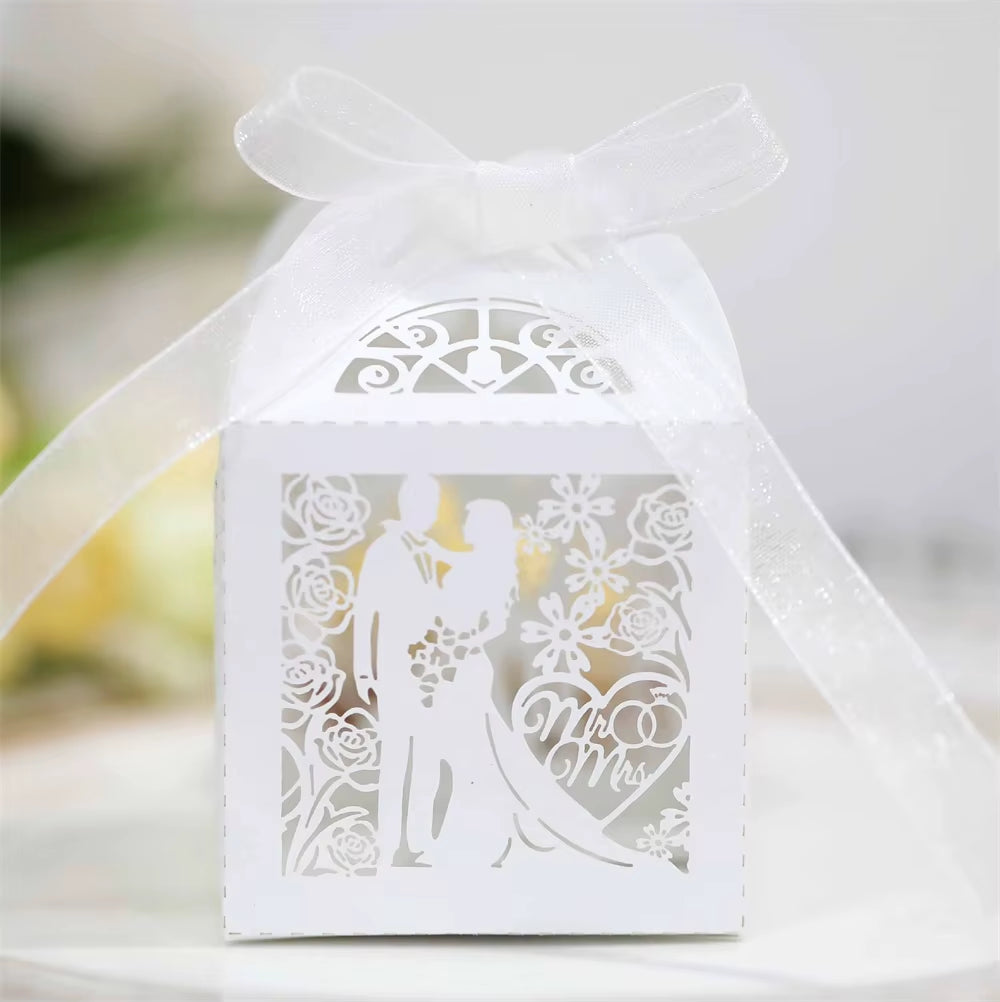 50-Piece Set of Laser-Cut Bride and Groom Wedding Favor Boxes for Sweets and Treats - Elegant Paper Packaging for Baby Showers and Special Events