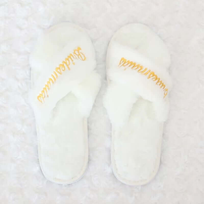 Bridal Shower and Bachelorette Party Open Toe Plush Slippers - Elegant Indoor Decor and Bridesmaid Gift Set