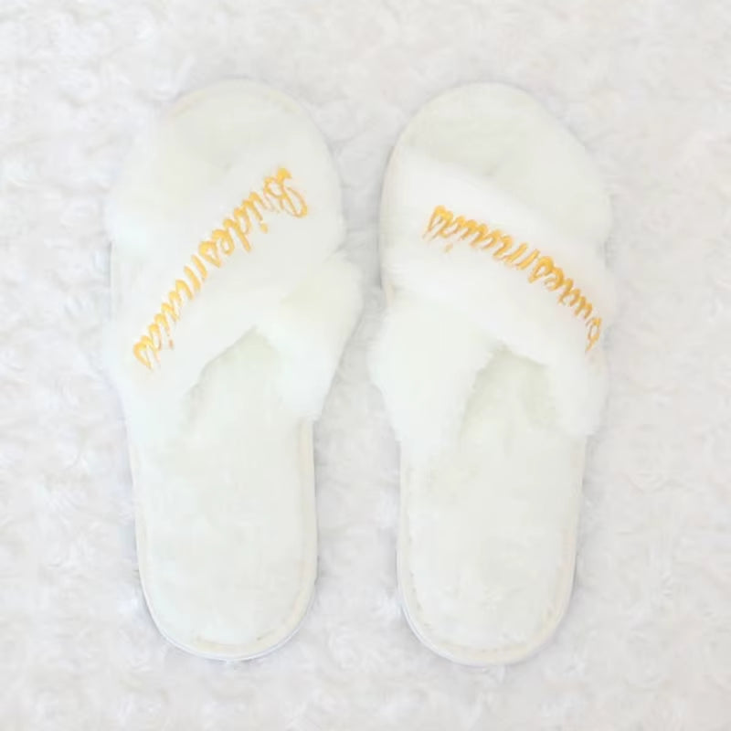 Bridal Shower and Bachelorette Party Open Toe Plush Slippers - Elegant Indoor Decor and Bridesmaid Gift Set