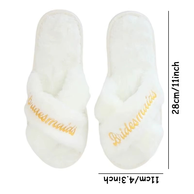 Bridal Shower and Bachelorette Party Open Toe Plush Slippers - Elegant Indoor Decor and Bridesmaid Gift Set