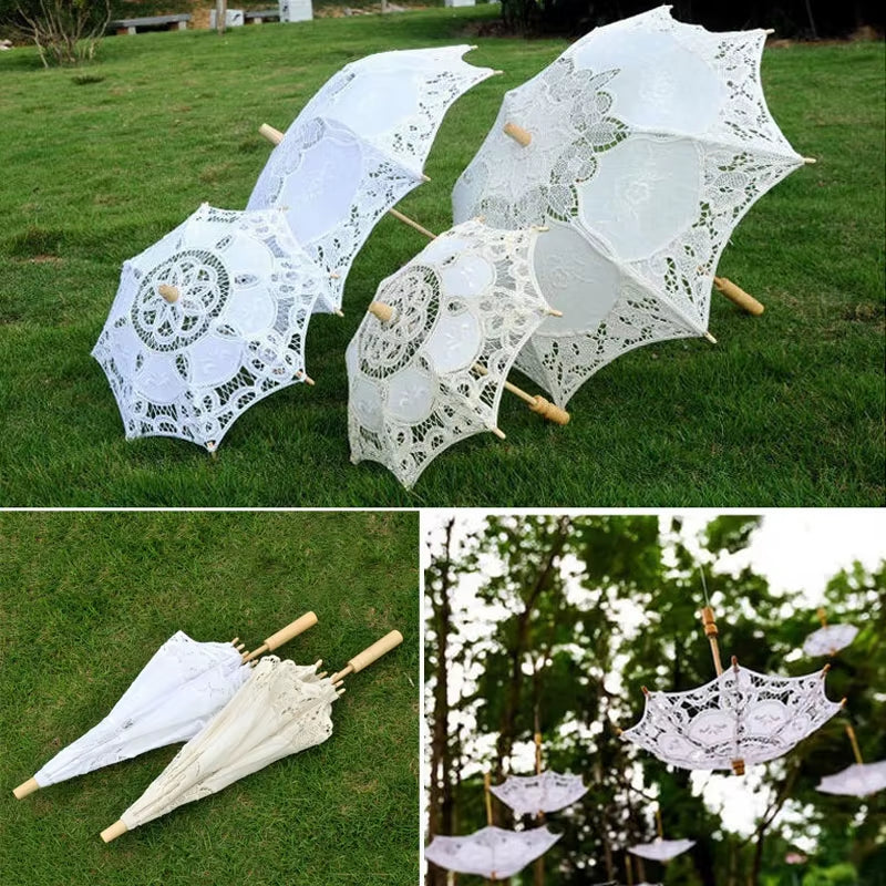 Vintage Lace Parasol Umbrella for Weddings and Photography - White and Beige Sunshade
