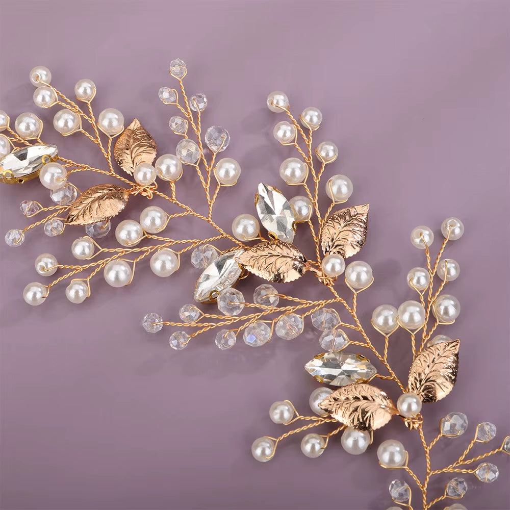 Silver Rhinestone Pearl Bridal Headband Women Handmade Crystal Wedding Hair Accessories Ornament Gold Leaf Party Bride Headpiece
