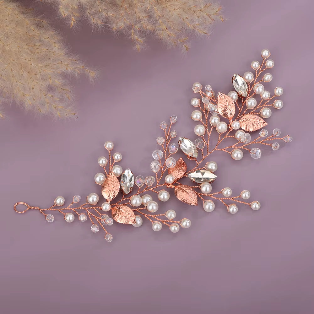 Silver Rhinestone Pearl Bridal Headband Women Handmade Crystal Wedding Hair Accessories Ornament Gold Leaf Party Bride Headpiece