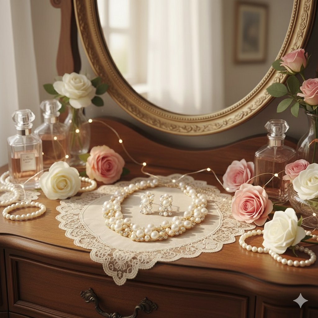 Set di orecchini e collana rettangolari con strass e perle