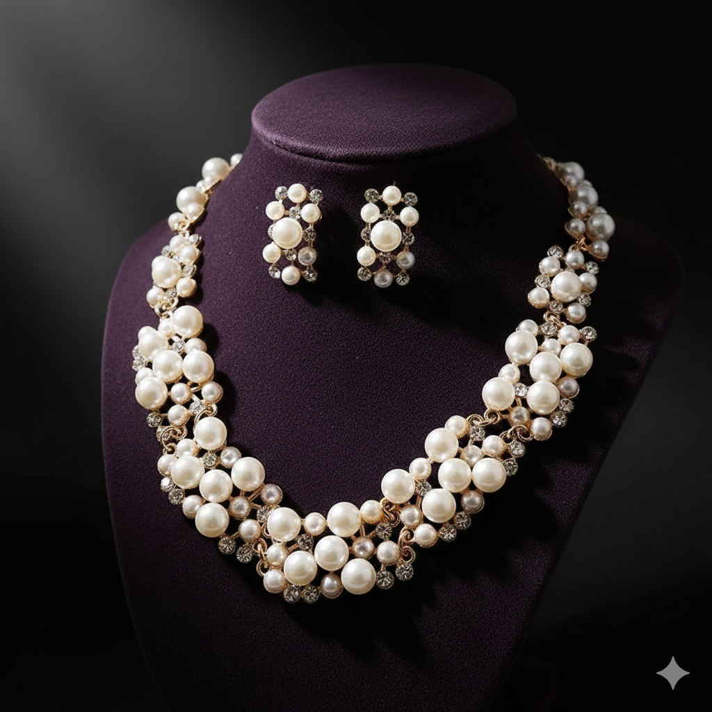 Set di orecchini e collana rettangolari con strass e perle