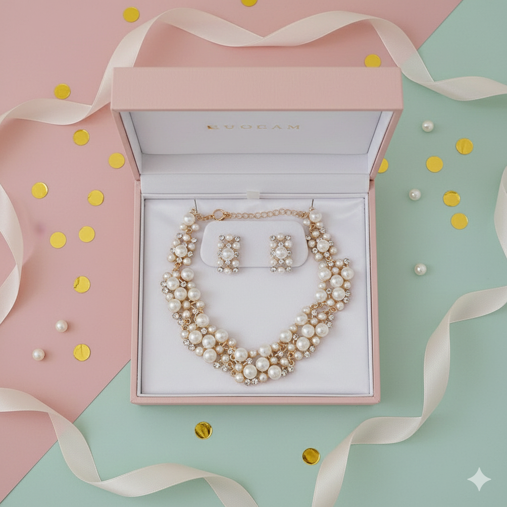 Set di orecchini e collana rettangolari con strass e perle