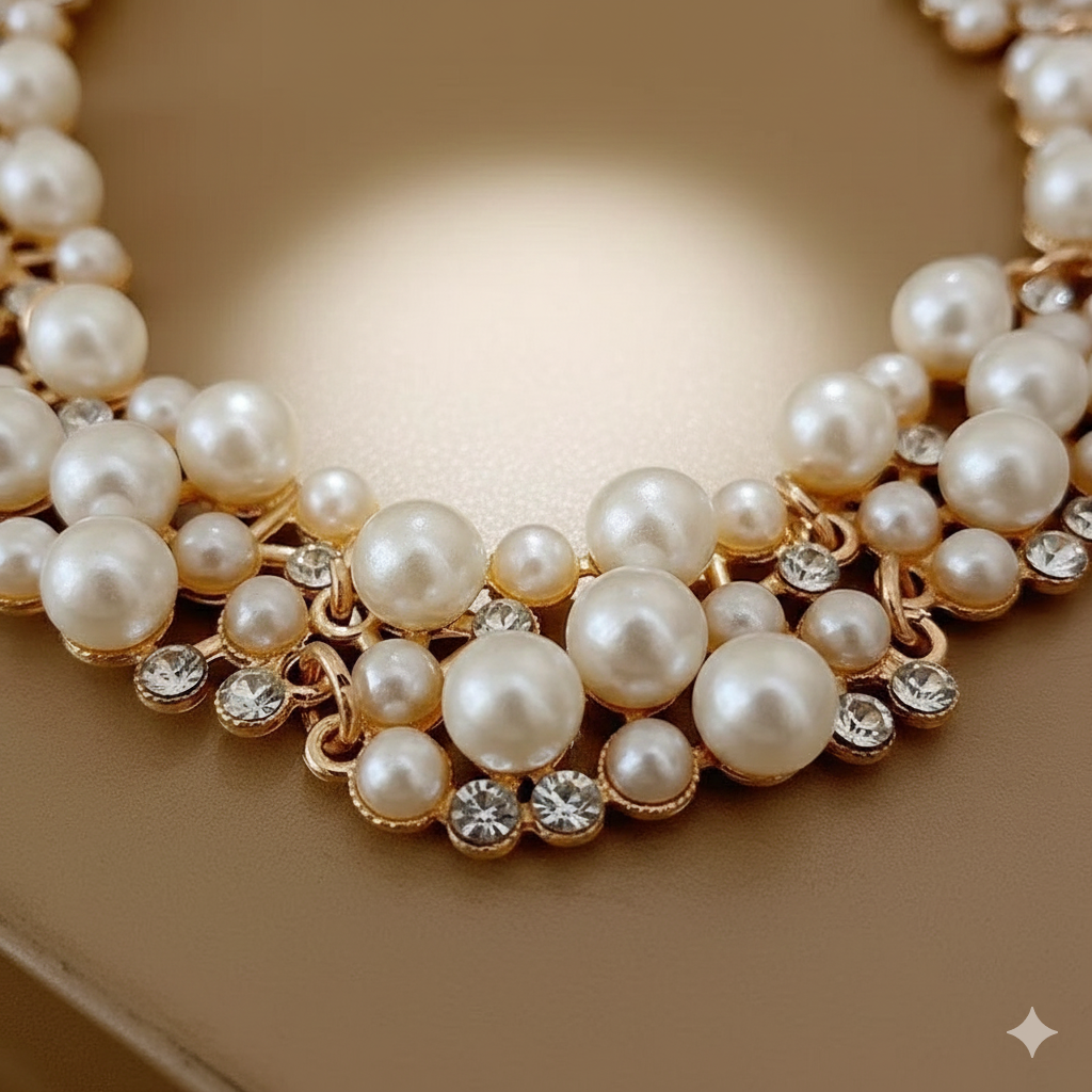 Set di orecchini e collana rettangolari con strass e perle