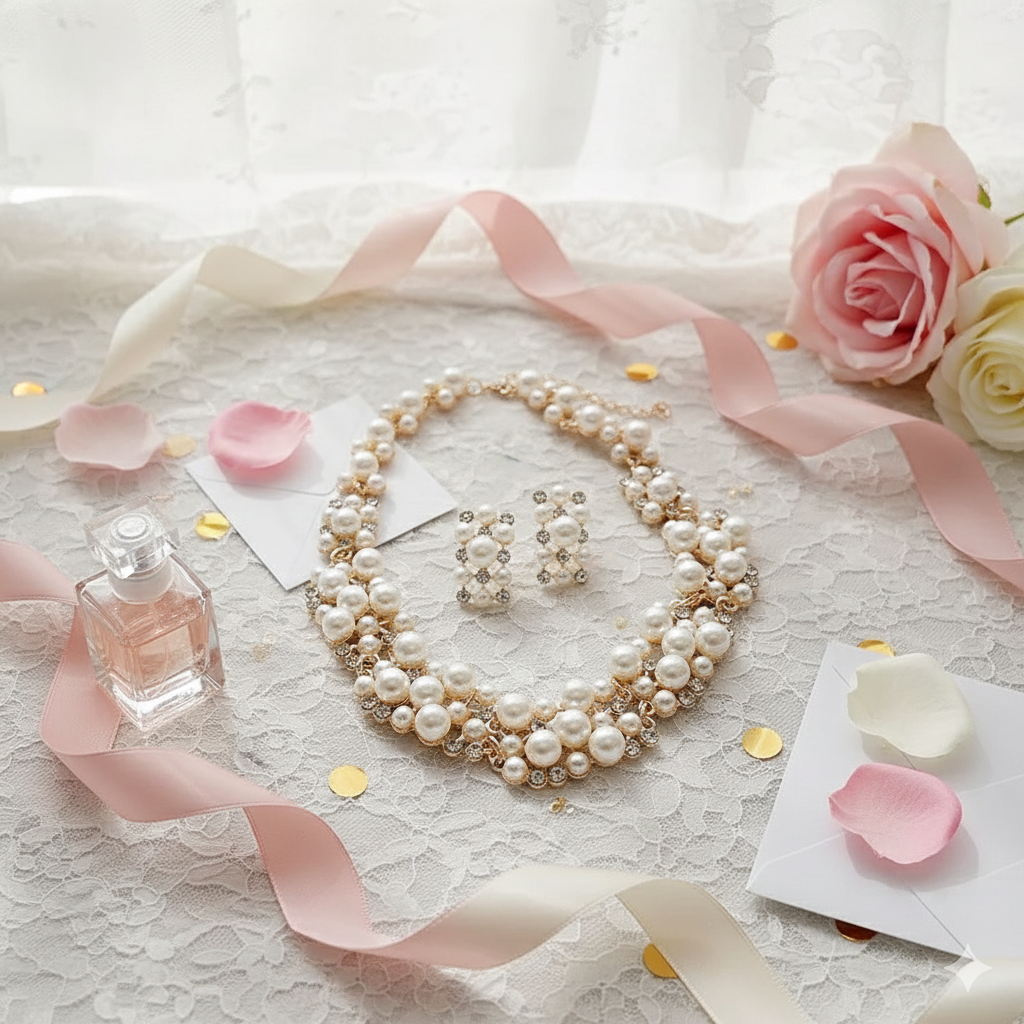 Set di orecchini e collana rettangolari con strass e perle